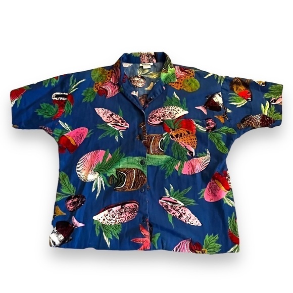VTG Camp Shirt Fish Print Button Up Short Sleeve Tropical Sea Life Ocean Size 10 - Picture 2 of 8
